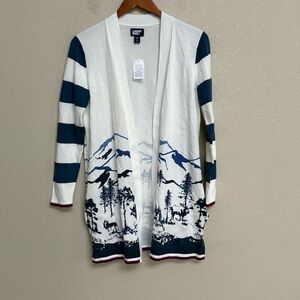 NWT Lands’ End White Navy Cotton Mountain Scene Long Cardigan S/P